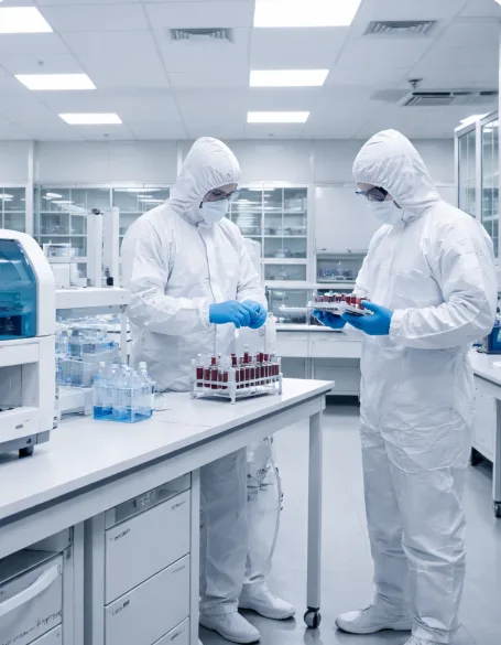 Cell manufacturing laboratory team in a cleanroom