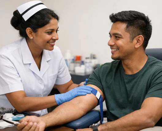 Nurse collecting a blood sample for health screening